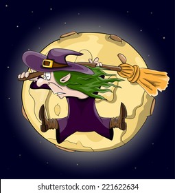 Vector cartoon witch flying hanging on a broomstick