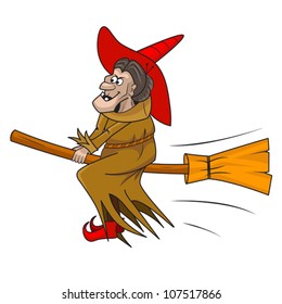 Vector cartoon witch flying on her broomstick