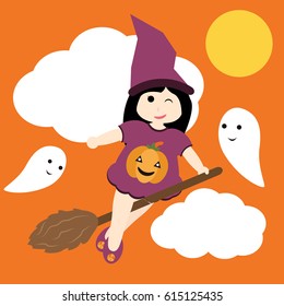 Vector cartoon of witch girl fly on the sky with cute ghost for Halloween postcard, greeting card, and wallpaper