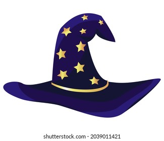 Vektorgrafik mit einem Hut aus goldenen Sternen und Gürtel. violetter Hut zu Halloween, einzeln auf weißem Hintergrund.