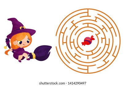Vector cartoon witch and sweets in children's style. Vector illustrations for children books. Labyrinth. Educational game for children. 