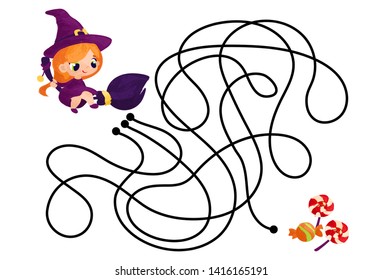 Vector cartoon witch and sweets in children's style. Vector illustrations for children books. Labyrinth. Educational game for children. 