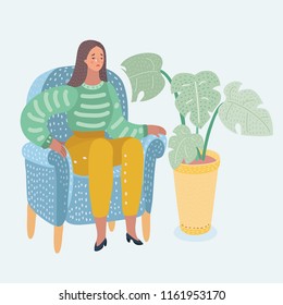 Vector cartoon woman crying sitting at chair. Unhappy female character suffering from frustration, grief. Isolated illustration on a white background. Mental illness. Modern famale character