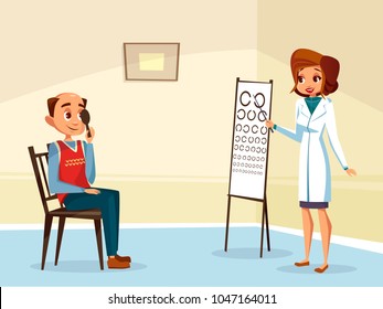 Vector cartoon woman doctor ophtalmologist doing eyesight test to adult man patient. Female optometristh caracter in medical uniform, vision examination consultation. Eye healthcare concept