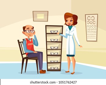 Vector cartoon woman doctor ophthalmologist helps adult man patient with diopters glasses selection. Female optometristh caracter in medical uniform vision consultation. Eye healthcare concept