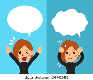 Vector cartoon woman expressing different emotions with speech bubbles for design.