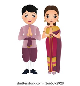 Vector cartoon of woman and man in traditional thai dress costume.