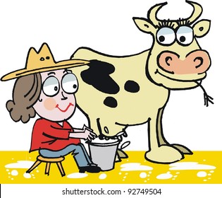 Vector Cartoon Of Woman Milking Cow