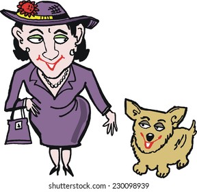 Vector cartoon of woman in purple dress with pet corgi dog