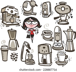 Vector cartoon of woman with selection of coffee machines