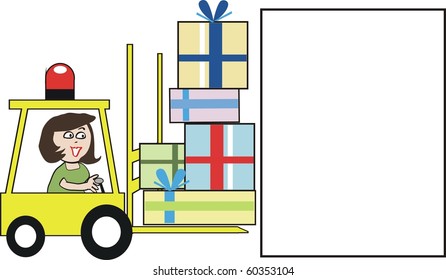 Vector cartoon of woman shopper driving forklift with Christmas parcels.