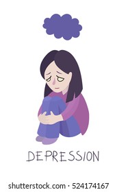 Vector cartoon woman sitting under purple cloud depression illustration