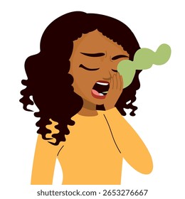 Caricatura vetorial de uma mulher cheirando seu próprio hálito com uma nuvem de odor verde. Higiene dentária, mau hálito e conceito de cuidados pessoais na ilustração de estilo humorístico