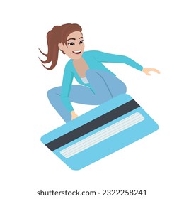 Vector Cartoon Woman Surfing on Credit Card