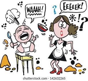 Vector cartoon of woman trying to feed baby.