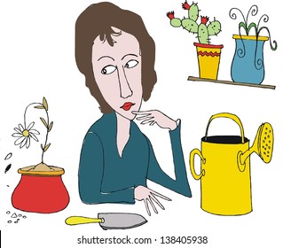 Vector cartoon of woman trying to grow flowering plants.