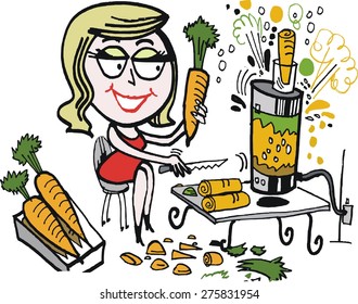 Vector cartoon of woman using blender to juice carrots in kitchen.