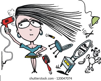 Vector cartoon of woman using hairdryer