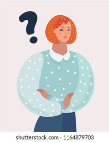 Vector cartoon of woman are wondering. Question mark female characters faces a choice.