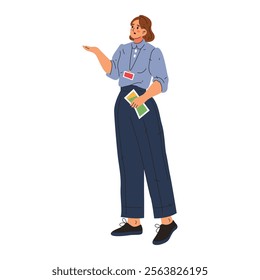 Vector cartoon woman work as tour guide. Character with tourist map at excursion. Profession for traveler and adventure, journey. Sightseeing career or holiday adviser. Trip service. Vacation card