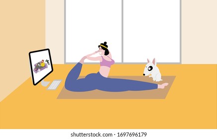 Vector cartoon, woman working and communication at homes with laptop,  doing yoga and relaxing. Concept of coronavirus covid 19.