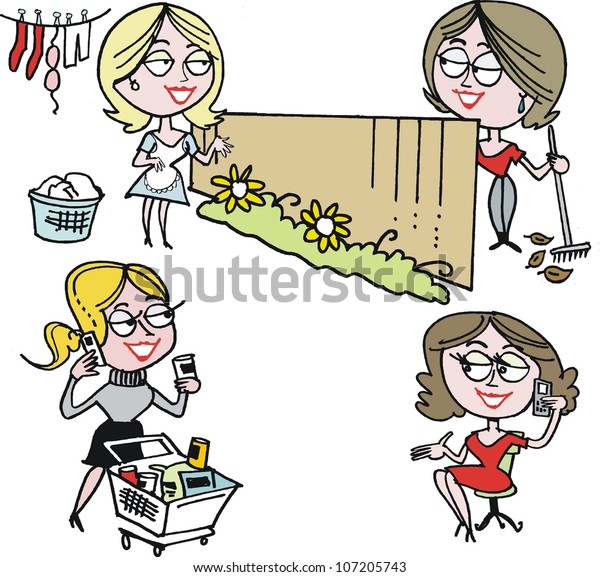 Vector\
cartoon of women chatting by phone and over\
fence.