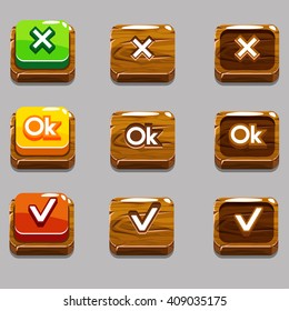 Vector Cartoon wood square buttons for game or web design, OK,Yes, close, gui elements set