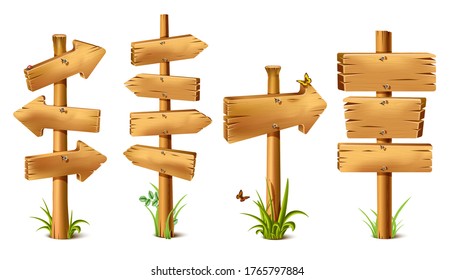 Vector cartoon wooden rustic sings in arrow of direction. Old, retro banner with metal nails for messages or pointers for path finding with butterflies and grass around and realistic shadow.