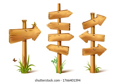 Vector cartoon wooden rustic sings in arrow of direction. Old, retro banner with metal nails for messages or pointers for path finding with butterflies and grass around and realistic shadow.