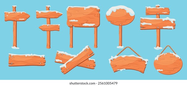 Vector cartoon wooden sign boards set covered with snow. Wood road banners, hanging boards and direction arrow with snow caps. Snowy information boards, blank guideposts, direction pointers.