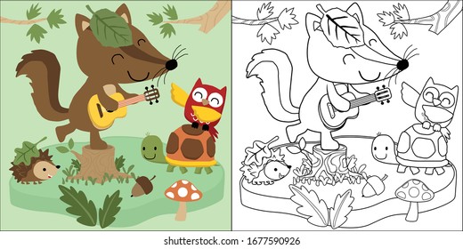 caricatura vectorial de animales de la zona boscosa cantando juntos, libro de colorear o página