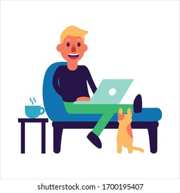 Vector Cartoon Work At Home Cute Blond Man Isolated
