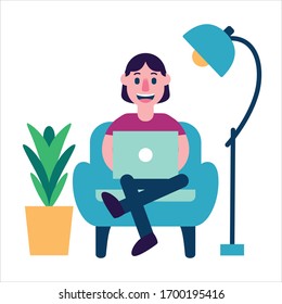 Vector Cartoon Work At Home Cute Seated Man Isolated