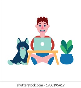 Vector Cartoon Work At Home Cute Seated Man Isolated