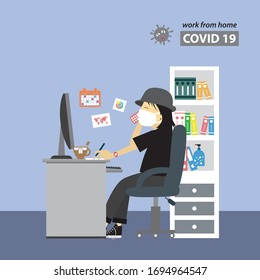 vector cartoon work from home office room for protect corona virus