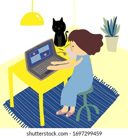 Vector cartoon work from home ,quarantine with black cat