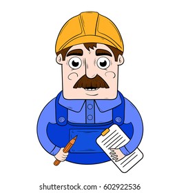 vector of a cartoon worker in a hardhat with a folder in his hands. character design