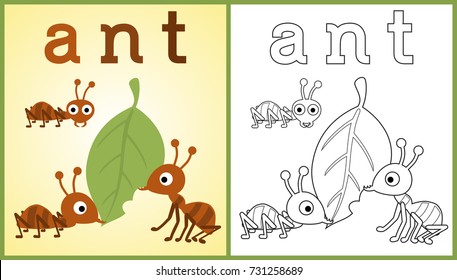 vector cartoon of working ants carrying leaf, coloring book or page