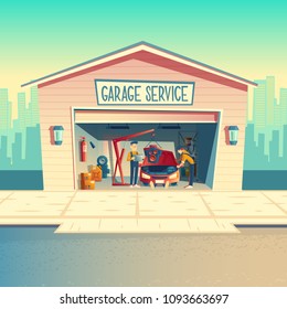 Vector cartoon workshop with mechanic crew installing engine. Repairing car, fixing vehicle in garage. Storeroom with tools, parts and details. Automobile service near with the road, urban business