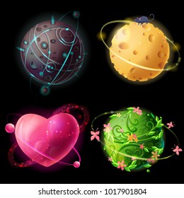 Vector cartoon worlds planetary collection. Fantastic, cosmic, alien space elements for game design. Extraterrestrial, cheese, love, plants planets illustration. Galaxies set, concept for gui, ui