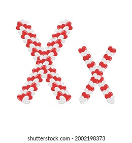 Vector cartoon of "X" alphabet letter in the shape of love. Cartoon doodle kawaii style. Cute alphabet for banners, invitations, greeting valentine's day