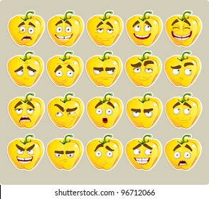 Vector  cartoon yellow Bulgarian pepper smile with many expressions