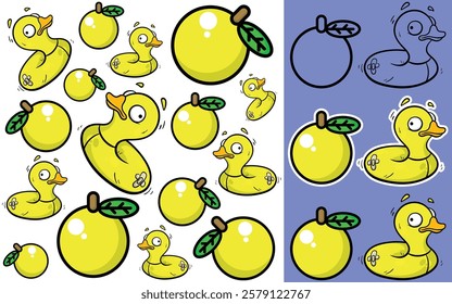 Vector cartoon yellow duck and orange pattern, editable.