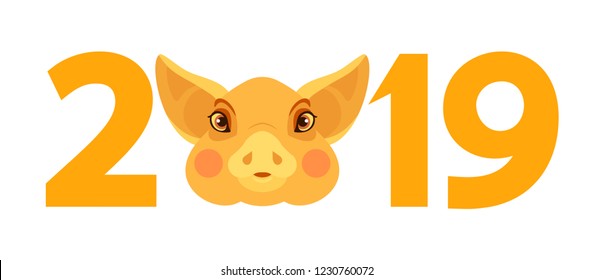 Vector cartoon yellow pig face with numbers 2019 new year on white background greeting card template