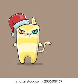 Vector cartoon yellow Santa Claus cat character with red Santa hat isolated on brown background. Funny Christmas kids poster or print design template.