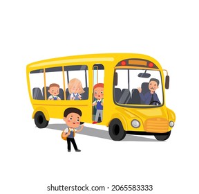 Autobús escolar amarillo con caricatura vectorial con chofer y alumnos yendo a la escuela. Niñas y muchachos con mochilas en vehículo de transporte. De vuelta al autobús retro de la escuela.