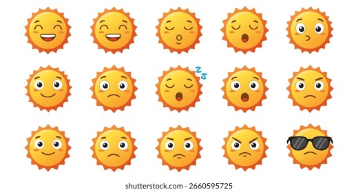 Vector de dibujos animados amarillo sol Brillante rayos de luz para calentar el verano. Aislado sobre fondo blanco.
