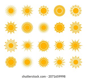 Vector cartoon yellow sun. Summer, sunlight, nature, sky. Vector illustration isolated on white background.