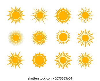 Vector cartoon yellow sun. Summer, sunlight, nature, sky. Vector illustration isolated on white background.