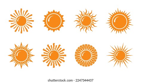 Vector cartoon yellow sun. Summer, sunlight, nature, sky. Vector illustration isolated on white background.